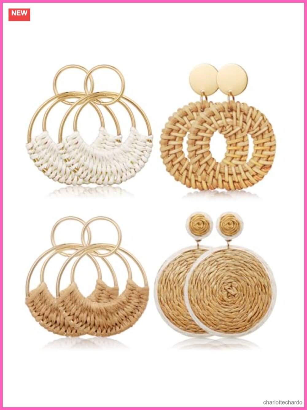 Handmade Raffia Rattan Bohemian Round Drop Dangle Earrings Set for Women